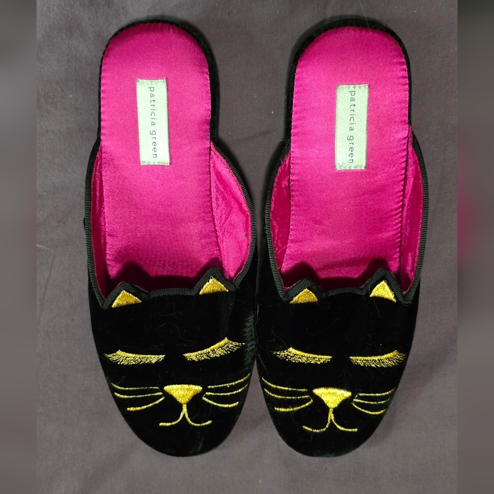 Patricia Green Black and Gold Cat Slippers